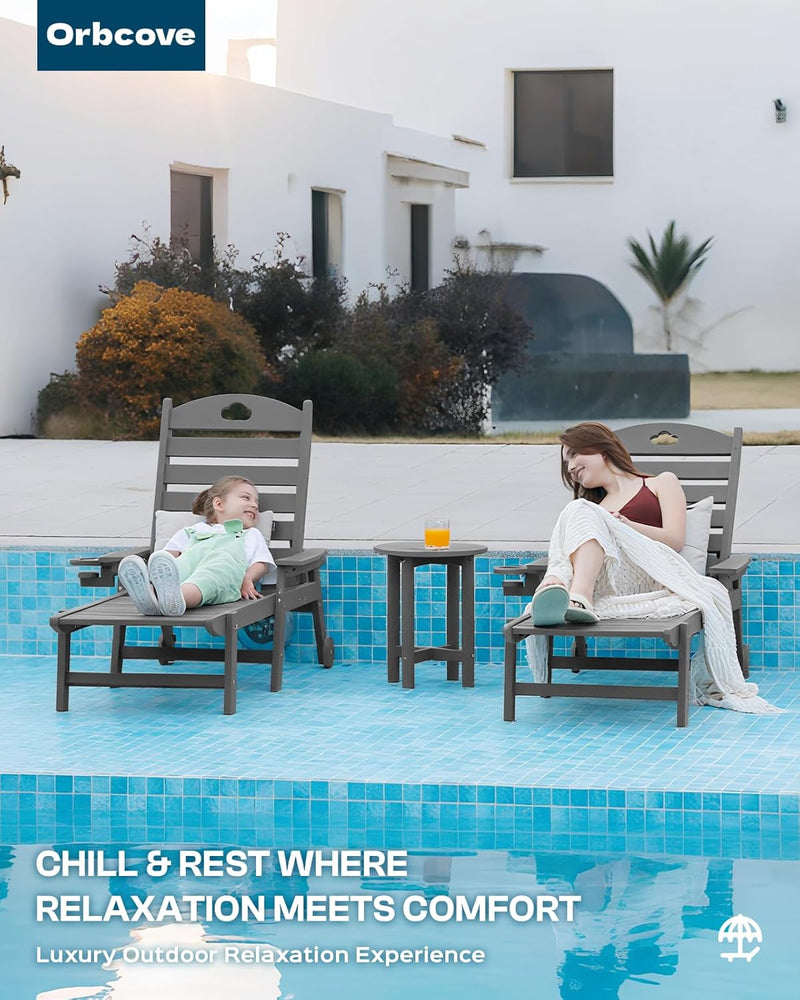 Outdoor Lounge Chair with Cup Holder, Outdoor Chaise Lounge with 6-Position Adjustable Backrest, HDPE Lounge Chair for Poolside, Patio, Deck & Backyard, Chaise Lounge