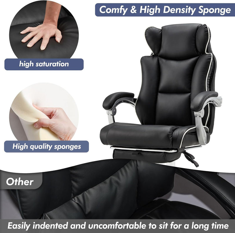 Office Desk Chair with Foot Rest High Back Executive Office Chair for Heavy People PU Leather Computer Chair with Adjustable Backrest Reclining Office Chair with Lumbar Support, Black