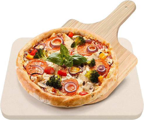 Pizza Set with 15" x12" Baking Stone for Oven or Grill + Wooden Peel