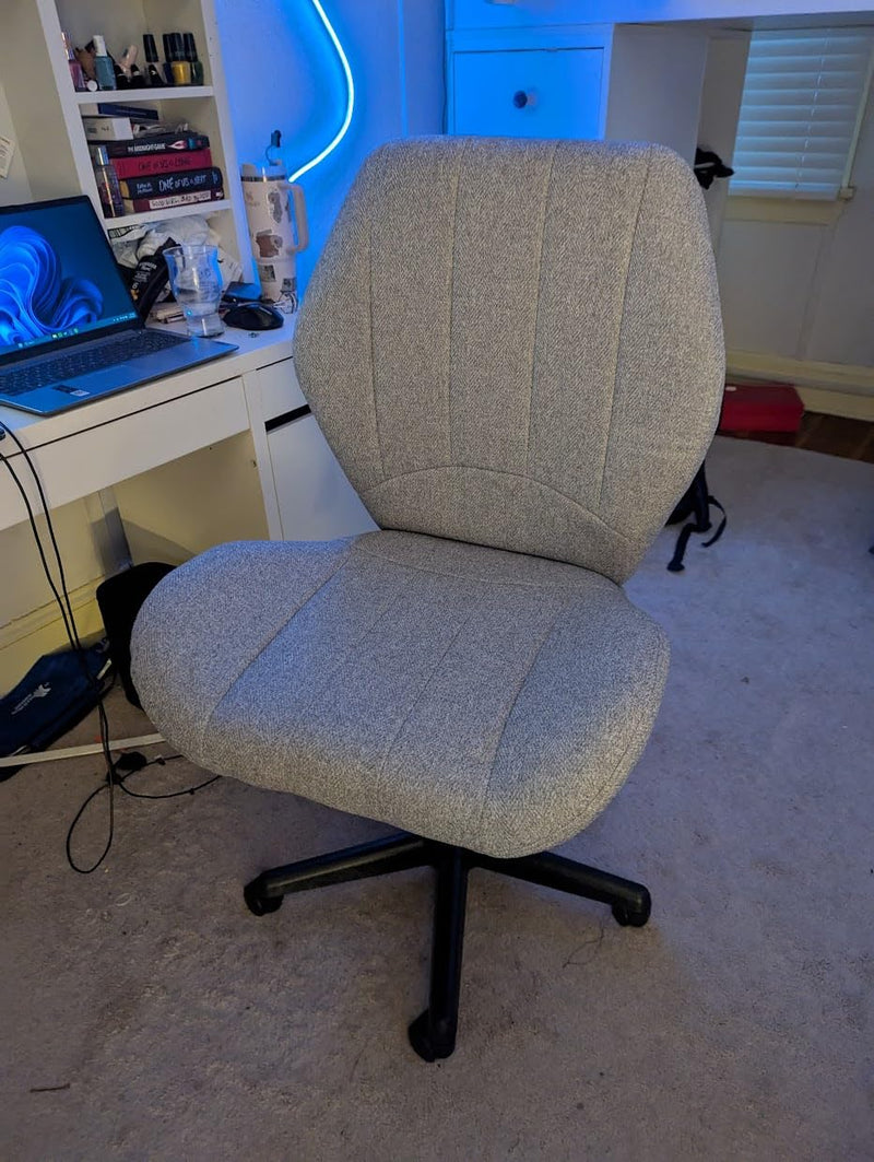Cross Legged Chair Armless Office Chair with Wheels Wide Desk Chair with Tall Back Comfy Vanity Chair with Stress Relief Curved Design Seat Criss Cross Chair for Bedroom & Office & Home