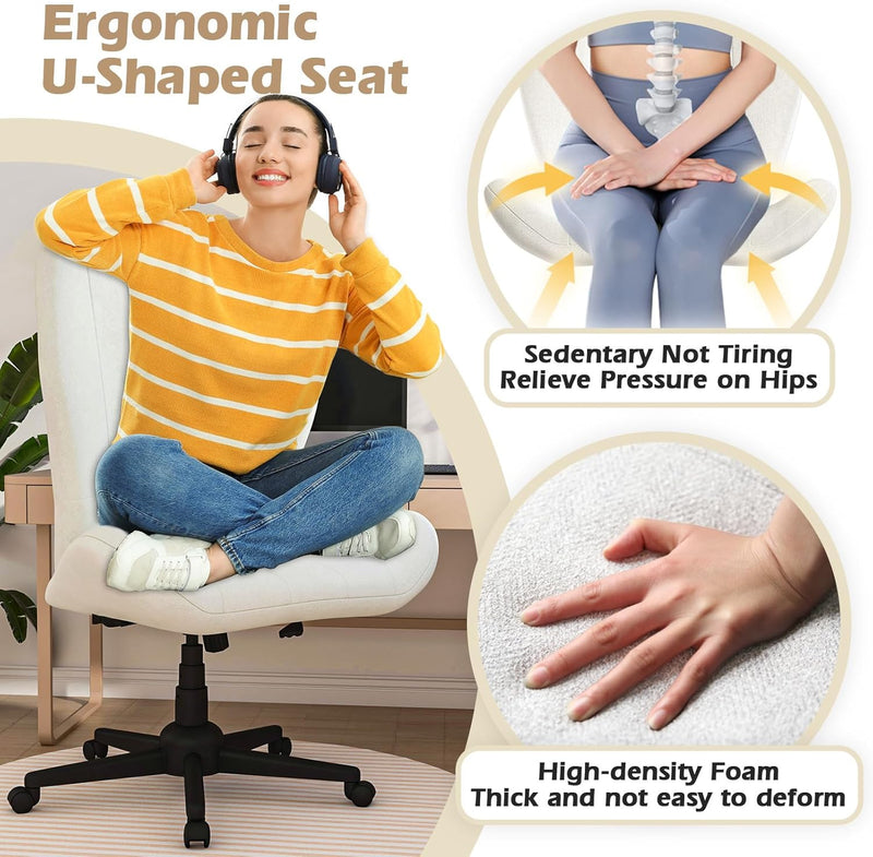 Cross Legged Chair Armless Office Chair with Wheels Wide Desk Chair with Tall Back Comfy Vanity Chair with Stress Relief Curved Design Seat Criss Cross Chair for Bedroom & Office & Home