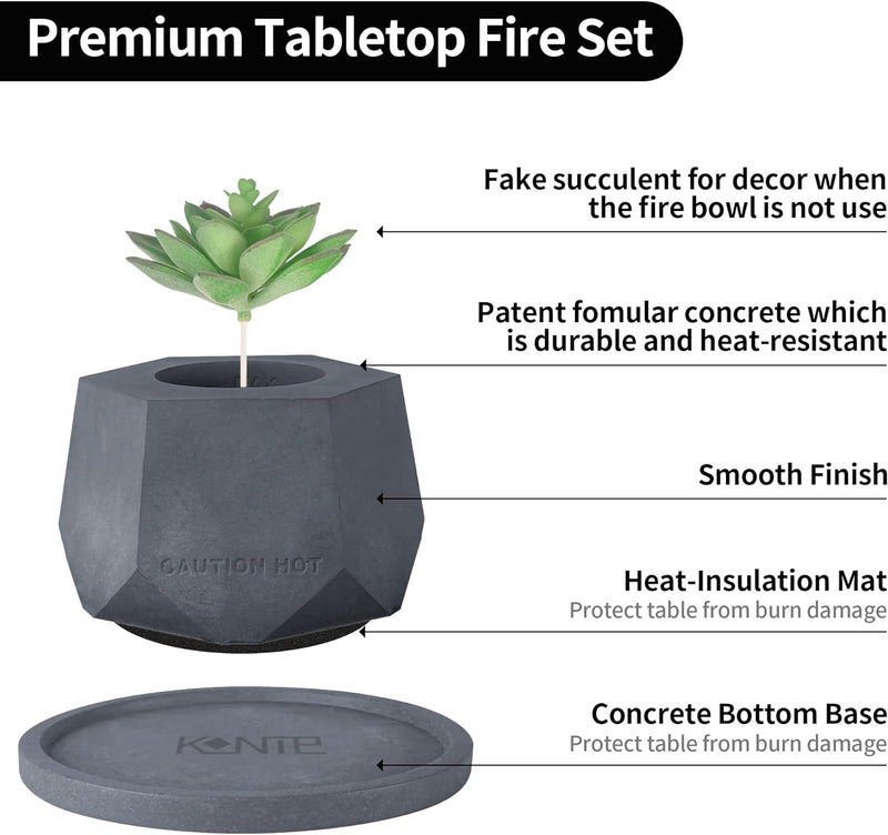 Kante Concrete Indoor & Outdoor Tabletop Fire Pit with 7.2" Dark Gray Base