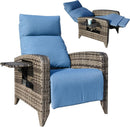 Upgraded Outdoor Recliner Chair, Reclining Patio Chairs with Adjustable Back up to 150°Lay Flat and Extended Footrest, Wicker Recliner Chairs with Flip Table and Removable Olefin Cushion