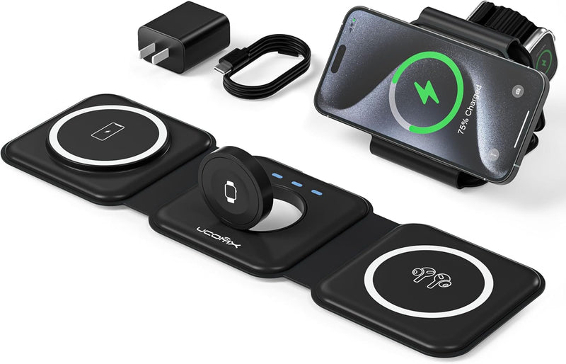3 in 1 Charging Station for Multple Devices,Foldable 3 in 1 Wireless Charger for Travel,Nano Wireless Charging Station for iPhone16 15 14 13 12 Pro Max/Watch 10 9 8 7 6 5 4 3 Ultra/AirPod Pro