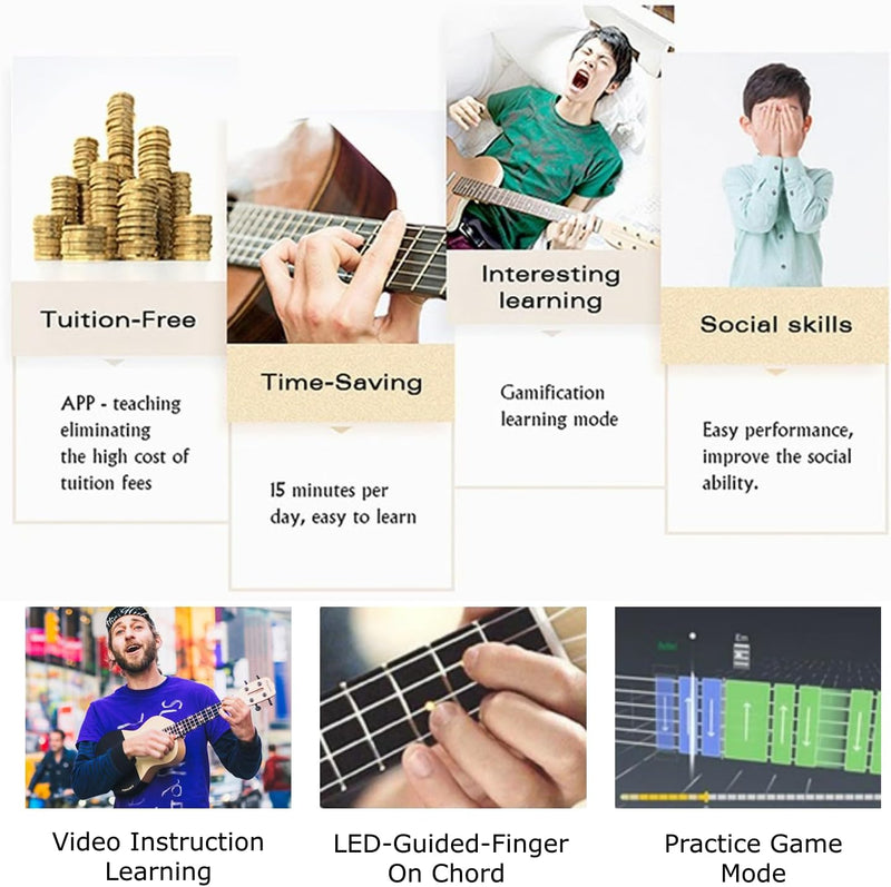Populele Populele Concert Ukulele Beginners 23-Inch Smart Ukulele with 72 LED Lights, Free Online Lessons Auto-Tuner Gig Bag Strap Nylon String Picks for Family Fun Travel and Gifts