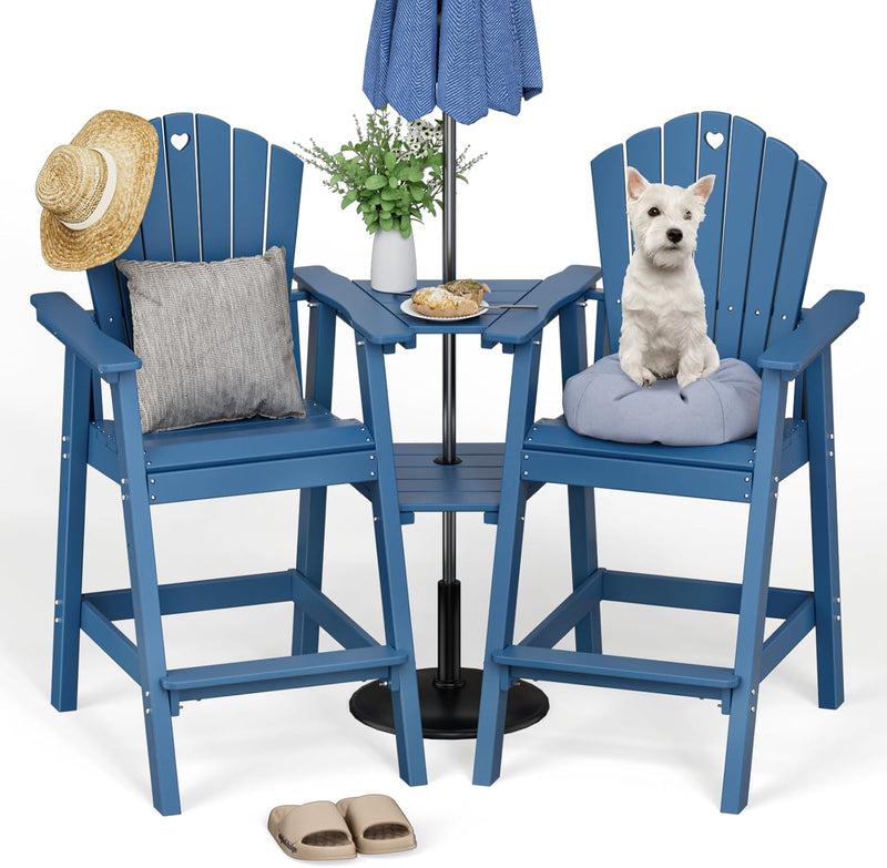 Tall Adirondack Chairs Set of 2 with 2-Layer Connecting Table, HDPE Bar Height Outdoor Table and Chairs with Umbrella Hole, All Weather Outdoor Bar Stools for Patio, Deck, Yard