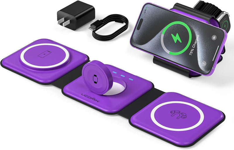 3 in 1 Charging Station for Multple Devices,Foldable 3 in 1 Wireless Charger for Travel,Nano Wireless Charging Station for iPhone16 15 14 13 12 Pro Max/Watch 10 9 8 7 6 5 4 3 Ultra/AirPod Pro