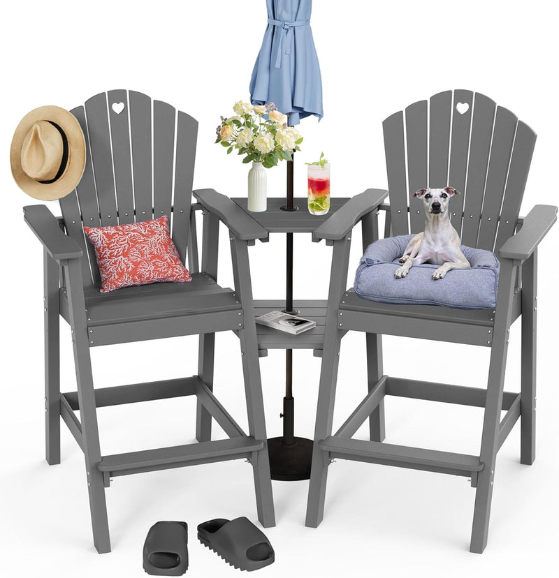 Tall Adirondack Chairs Set of 2 with 2-Layer Connecting Table, HDPE Bar Height Outdoor Table and Chairs with Umbrella Hole, All Weather Outdoor Bar Stools for Patio, Deck, Yard