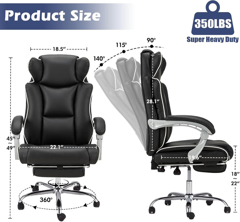 Office Desk Chair with Foot Rest High Back Executive Office Chair for Heavy People PU Leather Computer Chair with Adjustable Backrest Reclining Office Chair with Lumbar Support, Black