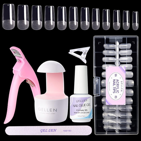 Nail Tips And Glue Gel Kit, 504Pcs Square Clear Fake Nails, UV Nail Lamp, 3-In-1 Nail Glue Gel Nail Extension Kit
