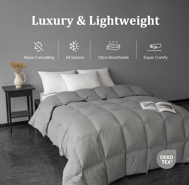 Luxury Feather Fiber Down Comforter Queen Size, All Seasons Duvet Insert, Ultra-Soft Bed Comforters Hotel Collection, Fluffy Medium Warmth, (90x90, Grey)