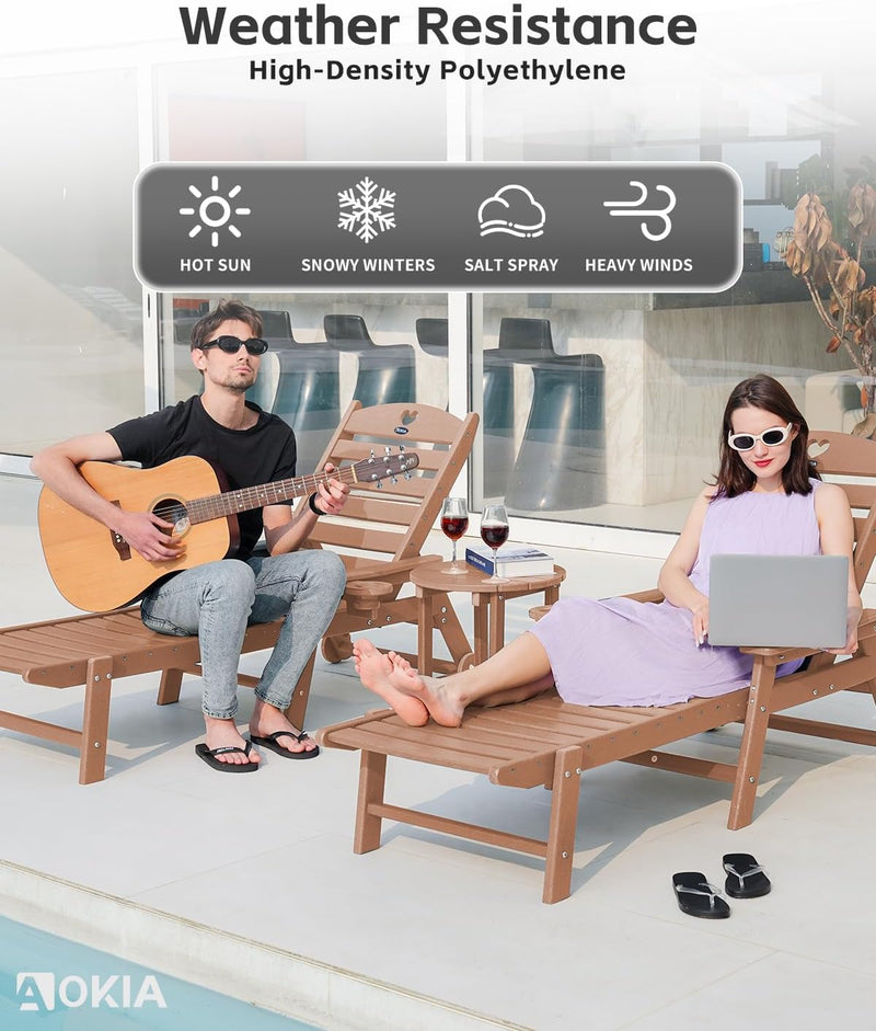 Aokia Plastic Lounge Chairs for Outside Set of 2 with Wheels & Cup Holder, Oversize HDPE 6-Position Chaise Lounge Outdoor Lounger for Patio & Pool.
