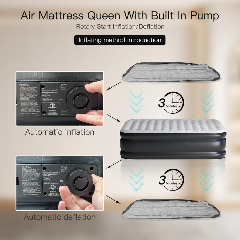 Lavisx 18" Premium Queen Size Air Mattress with Built-In Pump, Soft Flocked Top, and Automatic Inflation/Deflation