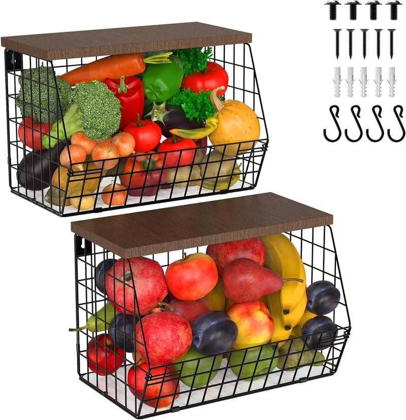 2-Pack Wire Storage Baskets with Wood Shelf and Wall Mounting Hardware