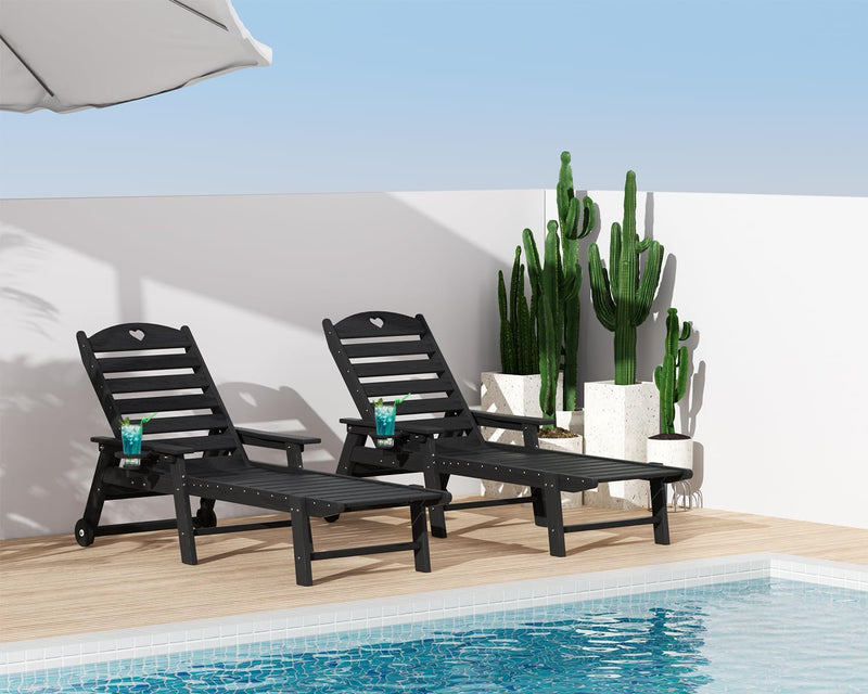Aokia Plastic Lounge Chairs for Outside Set of 2 with Wheels & Cup Holder, Oversize HDPE 6-Position Chaise Lounge Outdoor Lounger for Patio & Pool.