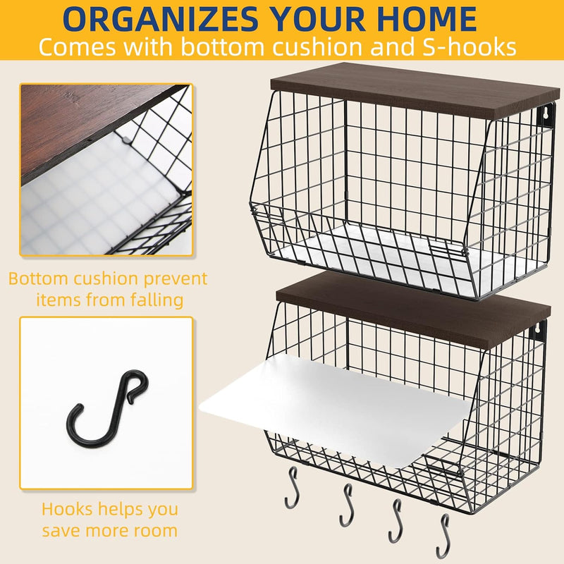 2-Pack Wire Storage Baskets with Wood Shelf and Wall Mounting Hardware