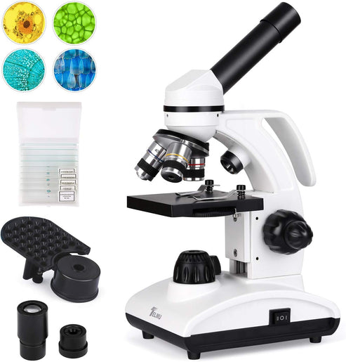 Microscope with 5 Magnification Settings, Optical Glass Lenses & 10 Slides