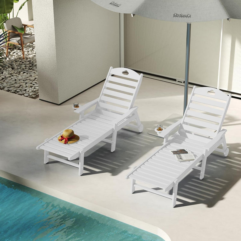 Outdoor Lounge Chair with Cup Holder, Outdoor Chaise Lounge with 6-Position Adjustable Backrest, HDPE Lounge Chair for Poolside, Patio, Deck & Backyard, Chaise Lounge