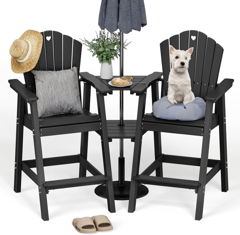 Tall Adirondack Chairs Set of 2 with 2-Layer Connecting Table, HDPE Bar Height Outdoor Table and Chairs with Umbrella Hole, All Weather Outdoor Bar Stools for Patio, Deck, Yard
