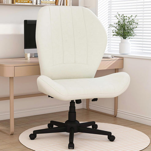Cross Legged Chair Armless Office Chair with Wheels Wide Desk Chair with Tall Back Comfy Vanity Chair with Stress Relief Curved Design Seat Criss Cross Chair for Bedroom & Office & Home