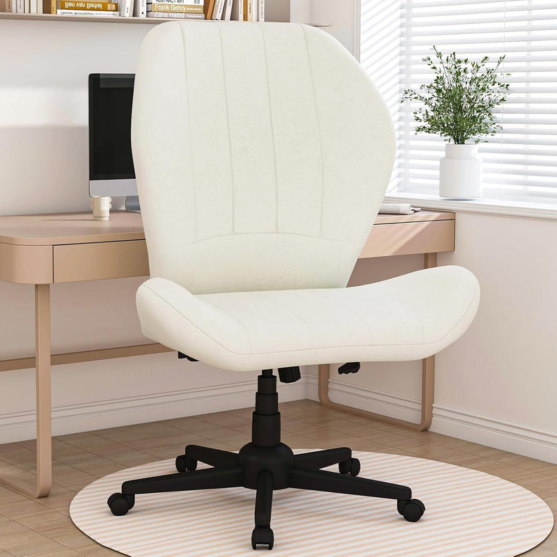 Cross Legged Chair Armless Office Chair with Wheels Wide Desk Chair with Tall Back Comfy Vanity Chair with Stress Relief Curved Design Seat Criss Cross Chair for Bedroom & Office & Home
