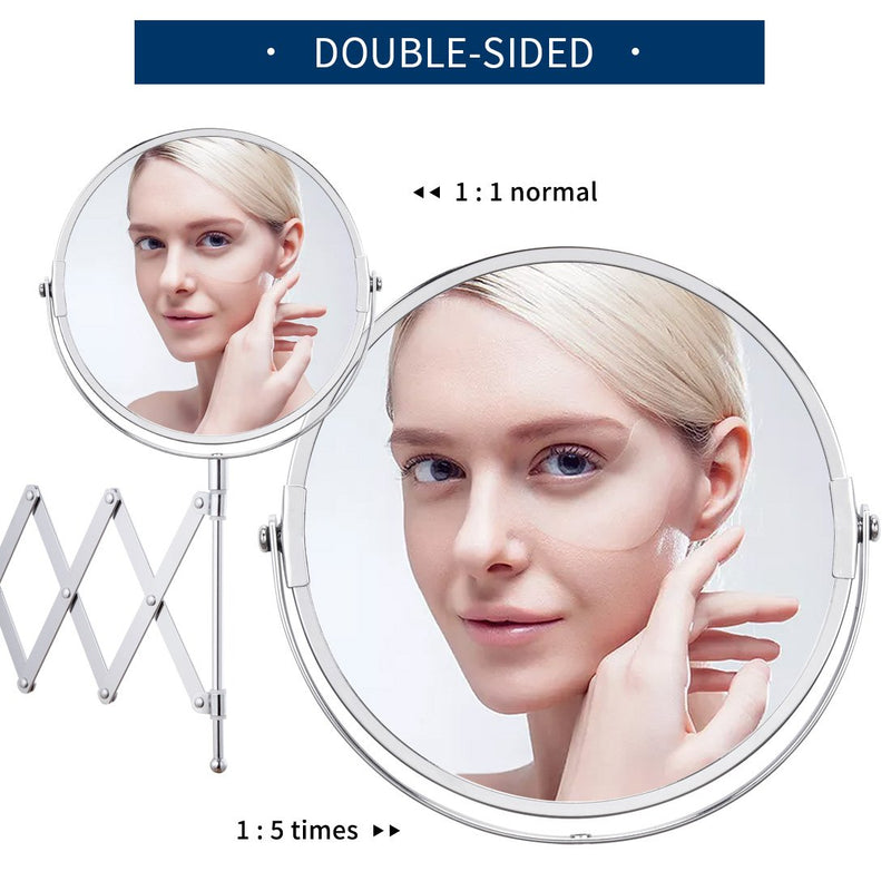 Wall Mounted Magnification Makeup Mirror 1X/5X Vanity Double Side Extendable Accordion 360¡ã Circle Swivel Mirror for Bedroom Bathroom Hotel