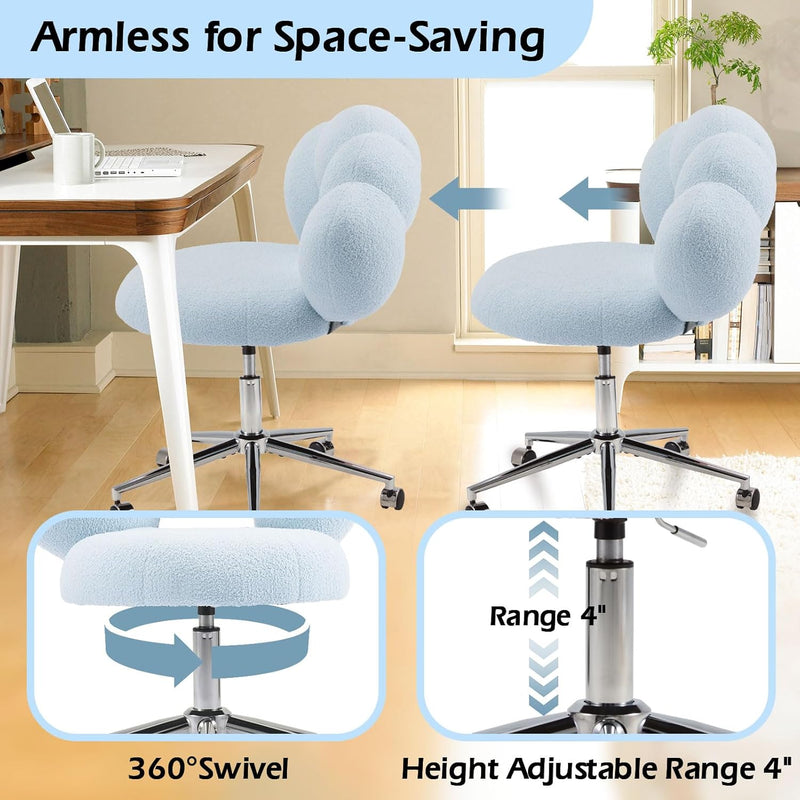 Armless Desk Chair Teddy Fabric Makeup Vanity Chair with Wheels & Adjustable Height Cute Office Chair Criss Cross Cross-Legged Chair for Bedroom & Living Room & Dressing Room (Blue)