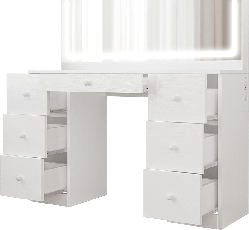 Vanity Desk Set with LED Lighted Mirror, Power Outlet, 7 Drawers, and Stool