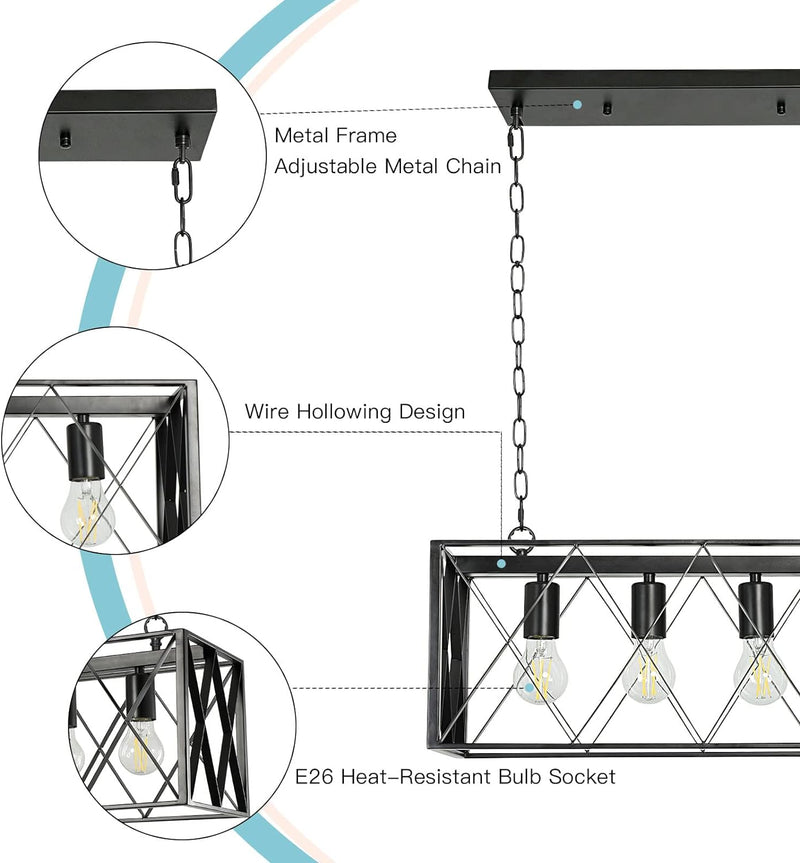 4-Light Farmhouse Kitchen Island Pendant Lighting, Industrial Black Chandelier Light Fixture Ceiling Hanging with Metal Frame