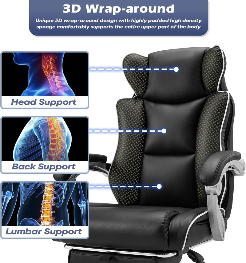 Office Desk Chair with Foot Rest High Back Executive Office Chair for Heavy People PU Leather Computer Chair with Adjustable Backrest Reclining Office Chair with Lumbar Support, Black