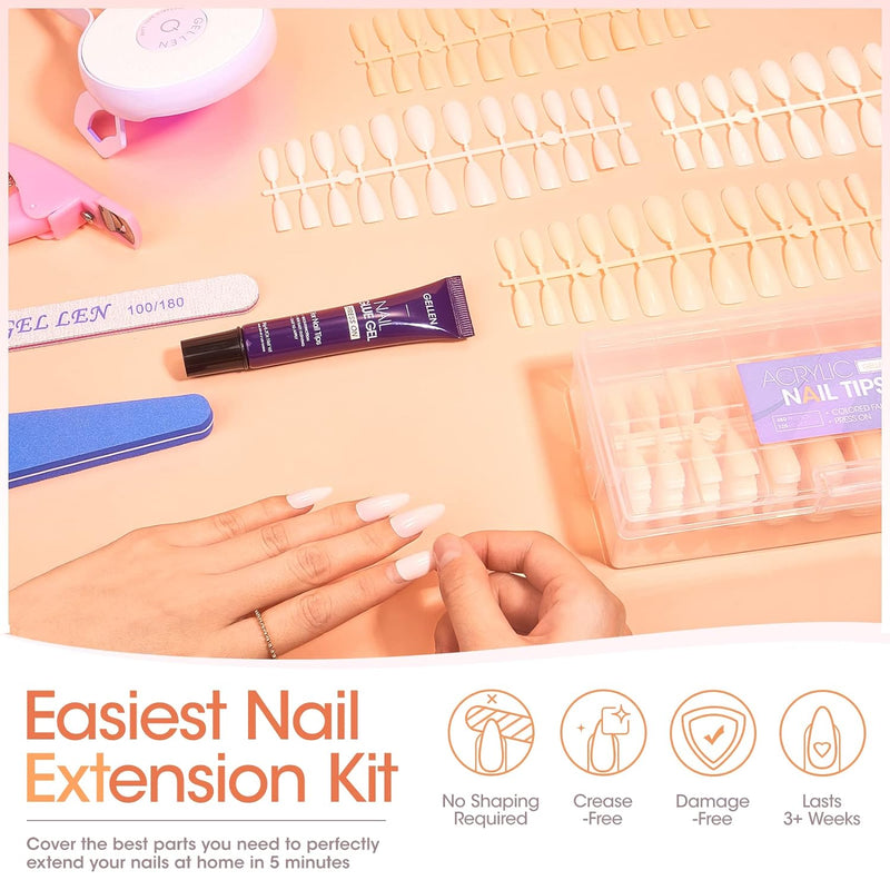 Nail Tips and Glue Gel Kit, 480Pcs Medium Almond Fake Nails, Easy Nail Glue Gel Nail Extension Kit With UV Light
