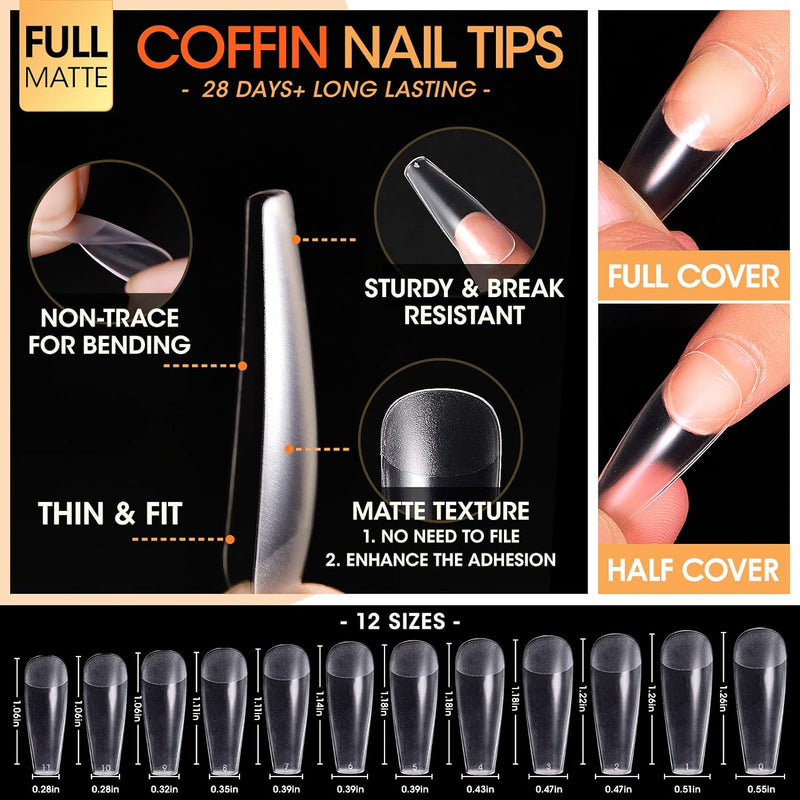 Coffin Nail Tips And Glue Gel Kit, Gel x Nail Kit 240Pcs Full Matte Fake Nails Coffin Nail Tips, 3 In 1 Nail Glue
