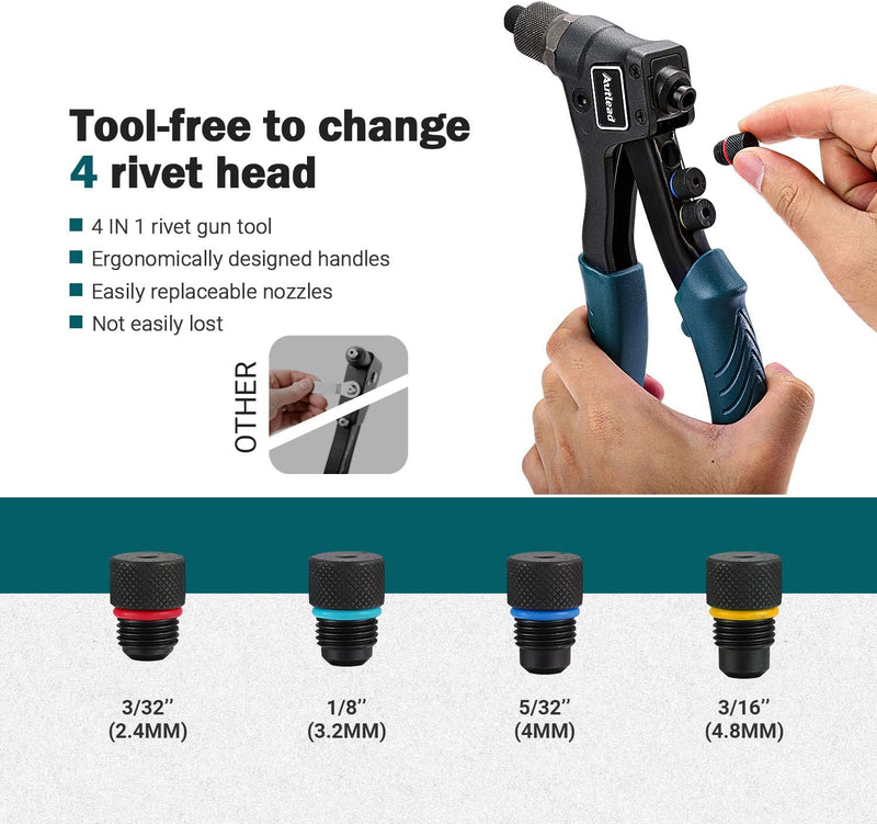 Rivet Gun, One Hand Manual Rivet Gun Kit with 4 Interchangeable Color-Coded  Heads, 4 in 1 Hand Riveter Set with 40-Piece Rivets