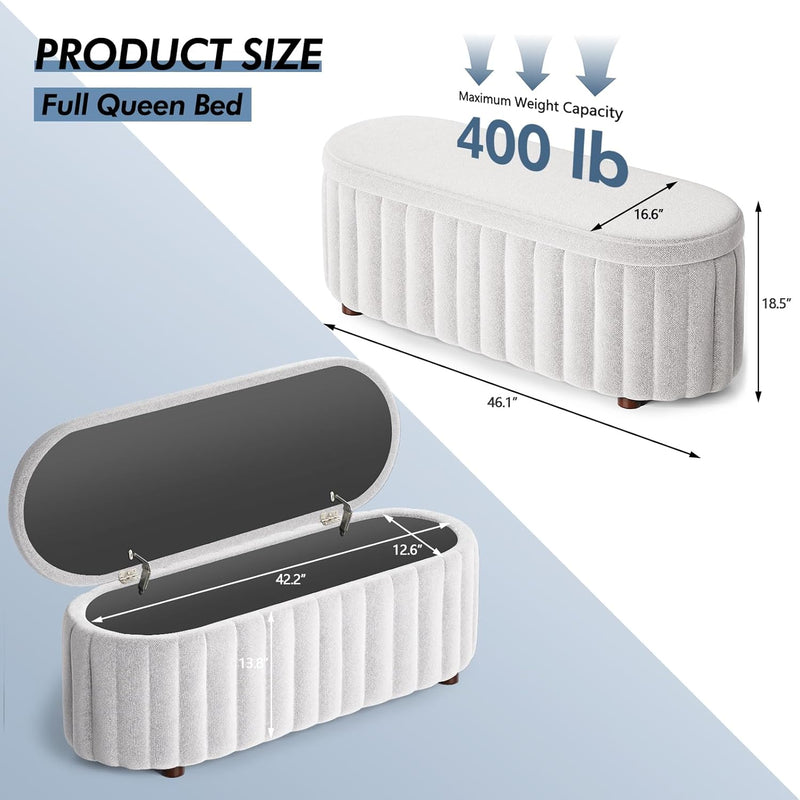 Storage Ottoman Bench, 46 Inch Upholstered Bench & Ottoman with Larger Storage Space, Bed Bench with Safety Hinge, End of Bed Storage Bench for Bedroom, Living Room, Entryway, Closet