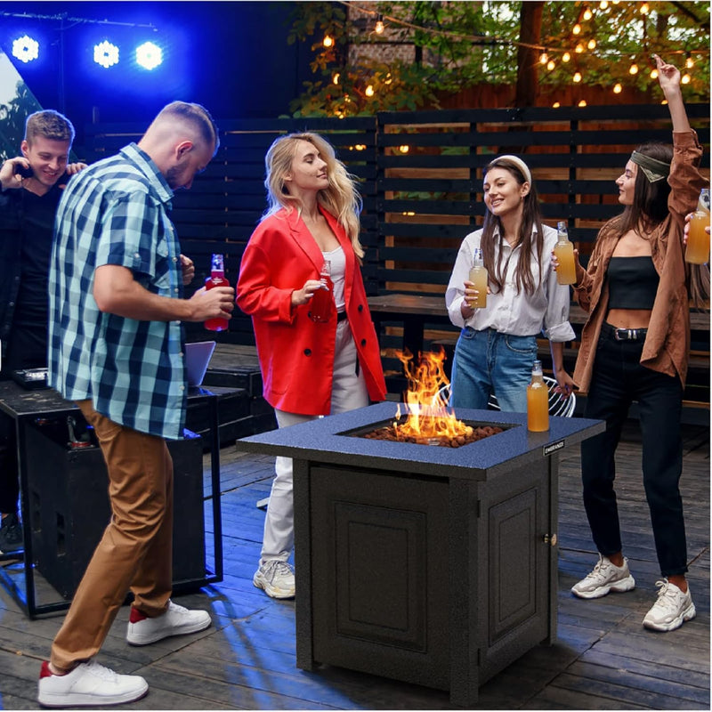 Outdoor Propane Fire Pit Table, 28 inch Auto-Ignition Patio Gas Fire Pit with Lid and Lava Rock, External Igniter and CSA Certified, Unique Finish Great Addition to The Yard or Deck