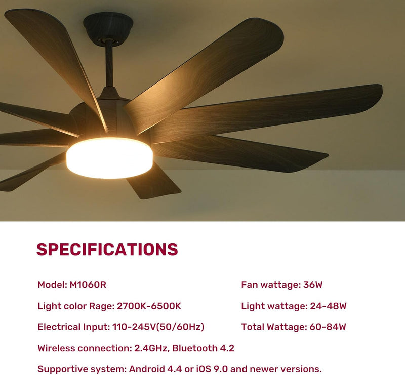 60-inch Large Ceiling Fans with Lights and Remote, Dimmable 3-Color Temperature, Reversible Blades, and 6 Speed