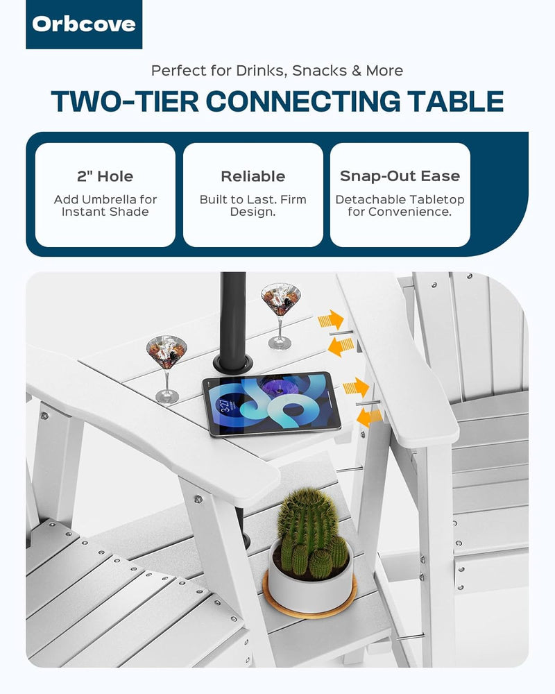 Tall Adirondack Chairs Set of 2 with 2-Layer Connecting Table, HDPE Bar Height Outdoor Table and Chairs with Umbrella Hole, All Weather Outdoor Bar Stools for Patio, Deck, Yard