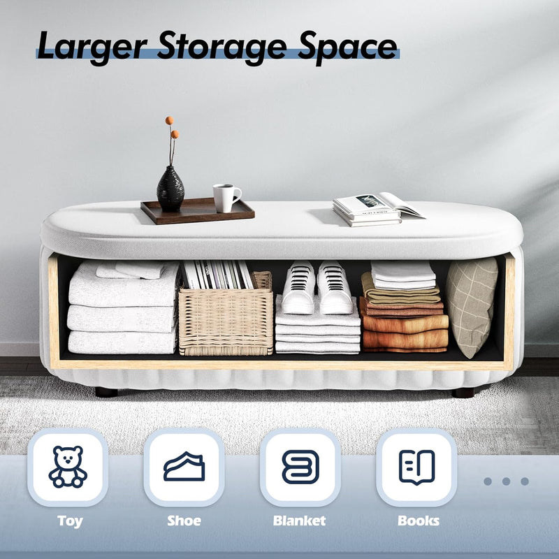 Storage Ottoman Bench, 46 Inch Upholstered Bench & Ottoman with Larger Storage Space, Bed Bench with Safety Hinge, End of Bed Storage Bench for Bedroom, Living Room, Entryway, Closet
