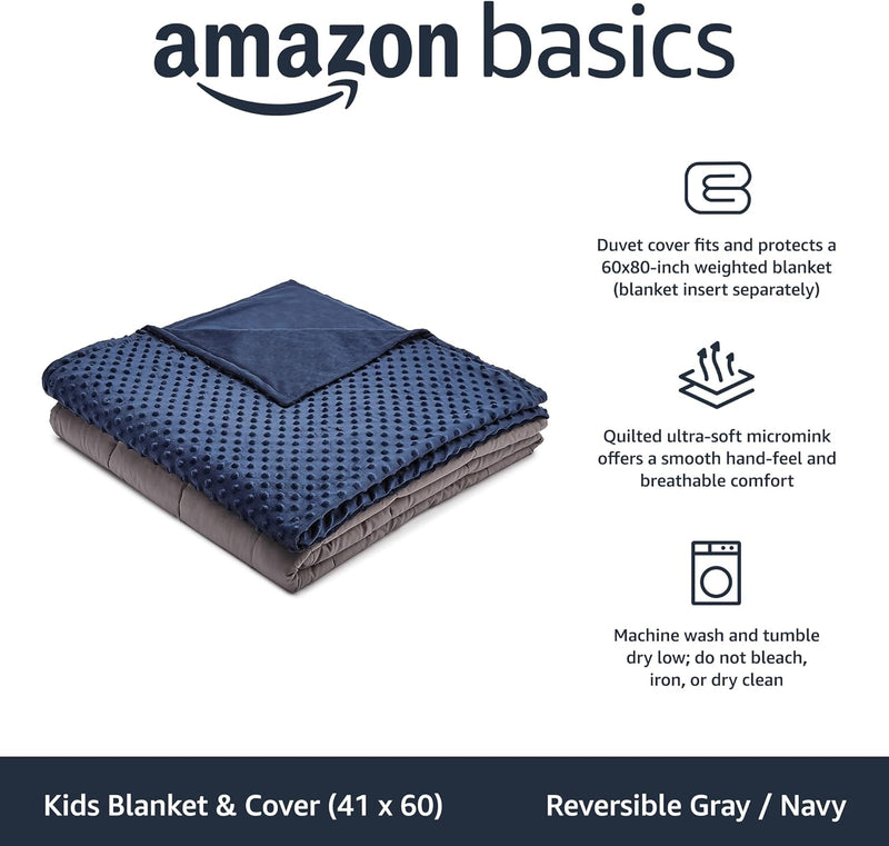 Amazon Basics Kids Cotton Weighted Blanket and Micromink Cover - 7-Pound, 41" x 60", Gray/Navy