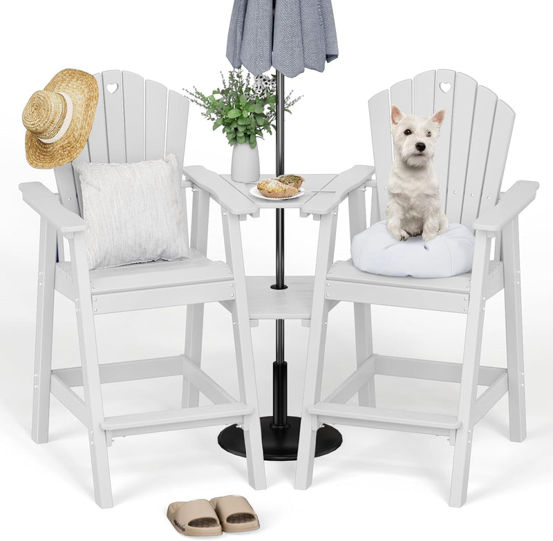 Tall Adirondack Chairs Set of 2 with 2-Layer Connecting Table, HDPE Bar Height Outdoor Table and Chairs with Umbrella Hole, All Weather Outdoor Bar Stools for Patio, Deck, Yard