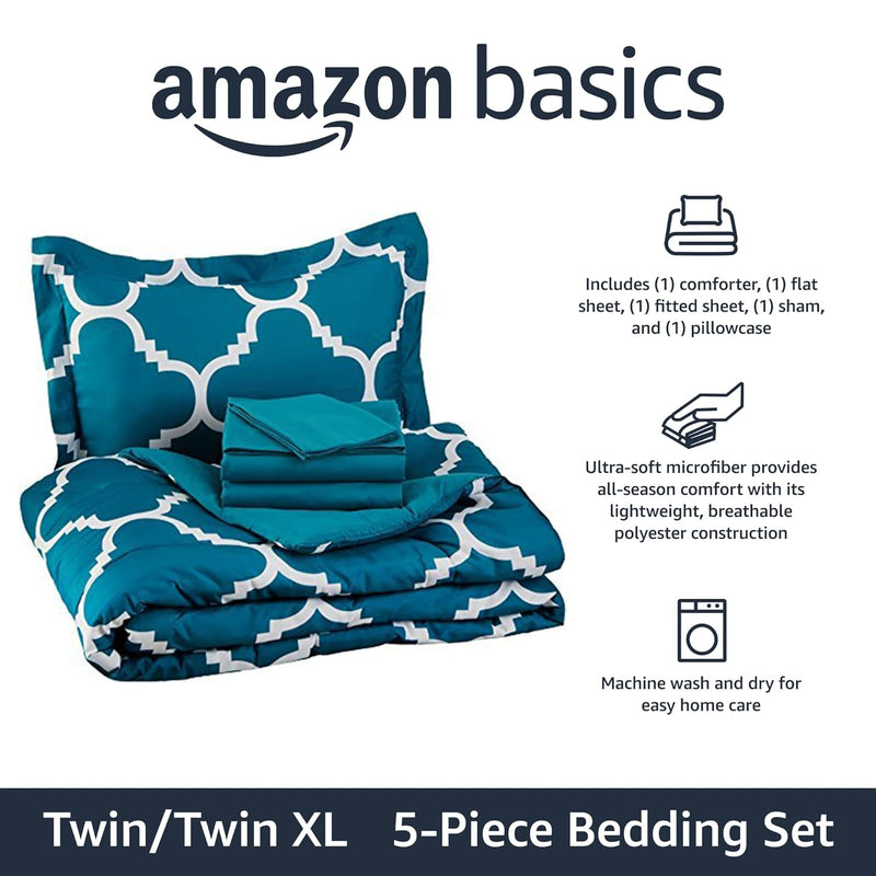 Amazon Basics Lightweight Microfiber Bed-in-a-Bag Comforter 5-Piece Bedding Set, Twin/Twin XL