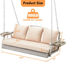 Heavy Duty 900 LBS Porch Swing Chair 3-Person Outdoor Rattan Patio Swing Lounge w/Cup-Holder & Steel Chains Wicker Hanging Bench Porch Swing Cushions for Deck & Backyard & Garden