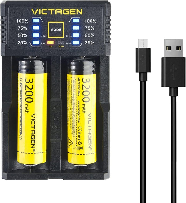 VICTAGEN Ultimate Battery Charger Set- Speedy Charging for Rechargeable Batteries 3.7V Lithium-ion 18650 18490 18350 17670 17500 16340(RCR123) 14500, 1.2V Ni-MH&Ni-Cd, AA, AAA Rechargeable Batteries