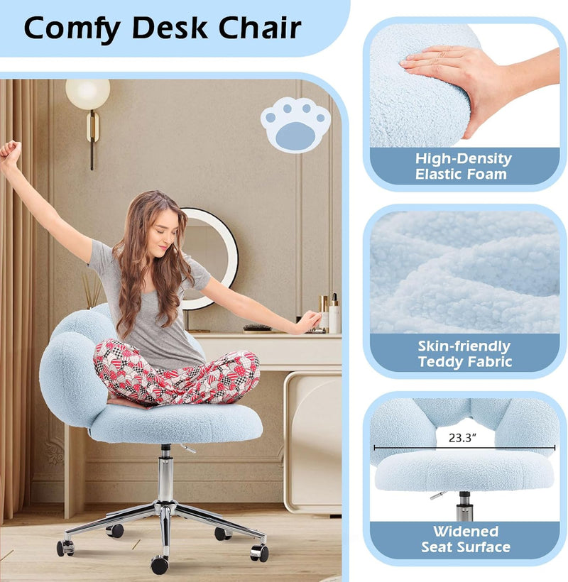 Armless Desk Chair Teddy Fabric Makeup Vanity Chair with Wheels & Adjustable Height Cute Office Chair Criss Cross Cross-Legged Chair for Bedroom & Living Room & Dressing Room (Blue)