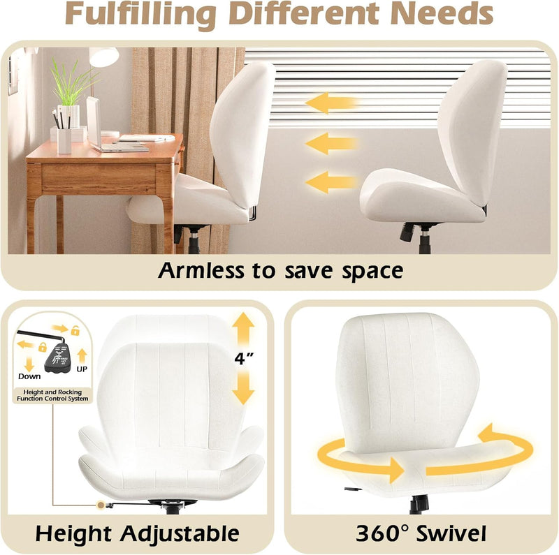 Cross Legged Chair Armless Office Chair with Wheels Wide Desk Chair with Tall Back Comfy Vanity Chair with Stress Relief Curved Design Seat Criss Cross Chair for Bedroom & Office & Home