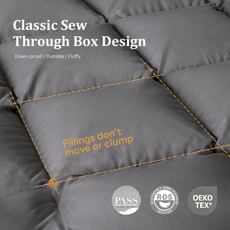 Luxury Feather Fiber Down Comforter Queen Size, All Seasons Duvet Insert, Ultra-Soft Bed Comforters Hotel Collection, Fluffy Medium Warmth, (90x90, Grey)
