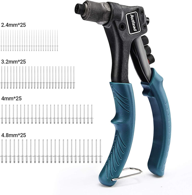 Rivet Gun, One Hand Manual Rivet Gun Kit with 4 Interchangeable Color-Coded  Heads, 4 in 1 Hand Riveter Set with 40-Piece Rivets