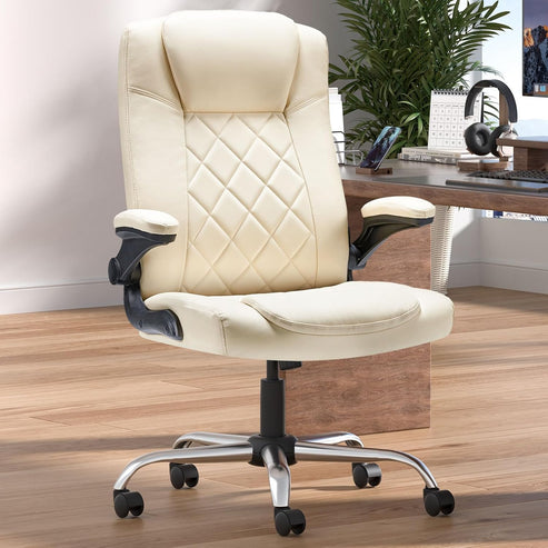Executive Office Chair w/Flip-Up Arms Managerial Home Desk Chair w/Lumbar Support Adjustable PU Leather Ergonomic Computer Chair