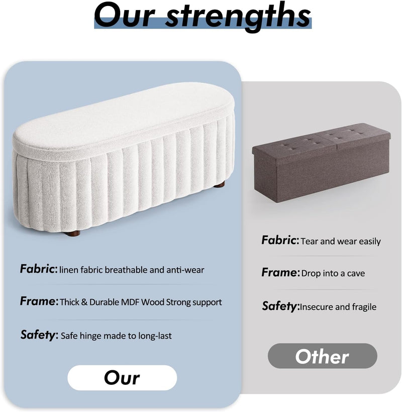 Storage Ottoman Bench, 46 Inch Upholstered Bench & Ottoman with Larger Storage Space, Bed Bench with Safety Hinge, End of Bed Storage Bench for Bedroom, Living Room, Entryway, Closet