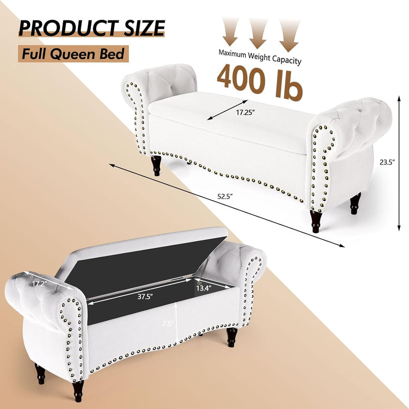 Storage Ottoman Bench, 53" Length Upholstered Bench & Ottoman with Safety Hinge, Tufted Bed Bench with Rolled Arm and Nailhead Trim, End of Bed Storage Bench for Bedroom, Living Room, Entryway